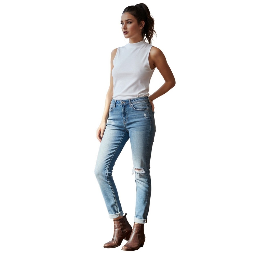 Anthro Pilcro Distressed Straight Leg Jeans Medium Wash 28x29 Stretch Indie